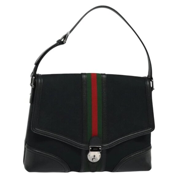 GUCCI Web Sherry Line GG Canvas Shoulder Bag Black Red Green Auth 126871 - Picture 1 of 16